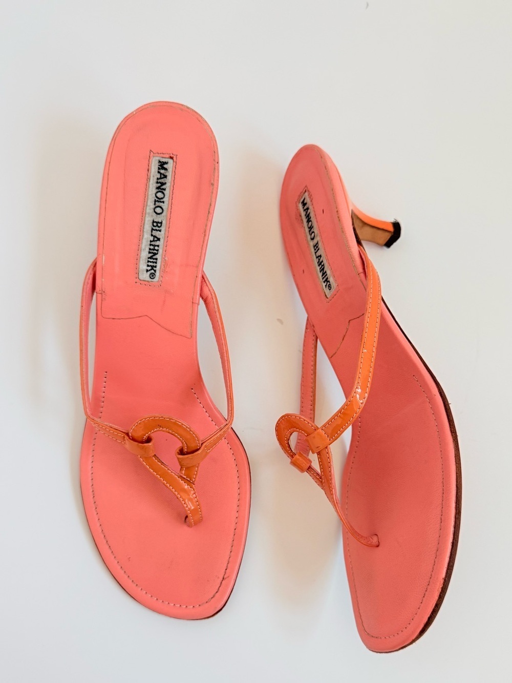 Manolo Blahnik Coral Pink Orange Thong Mule Sandals Heels EU 37.5 Italy Vintage